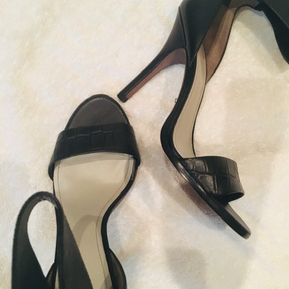 Ankle Wrap Open Toe Sandals Heels Black Leather Size 7.5 NEW